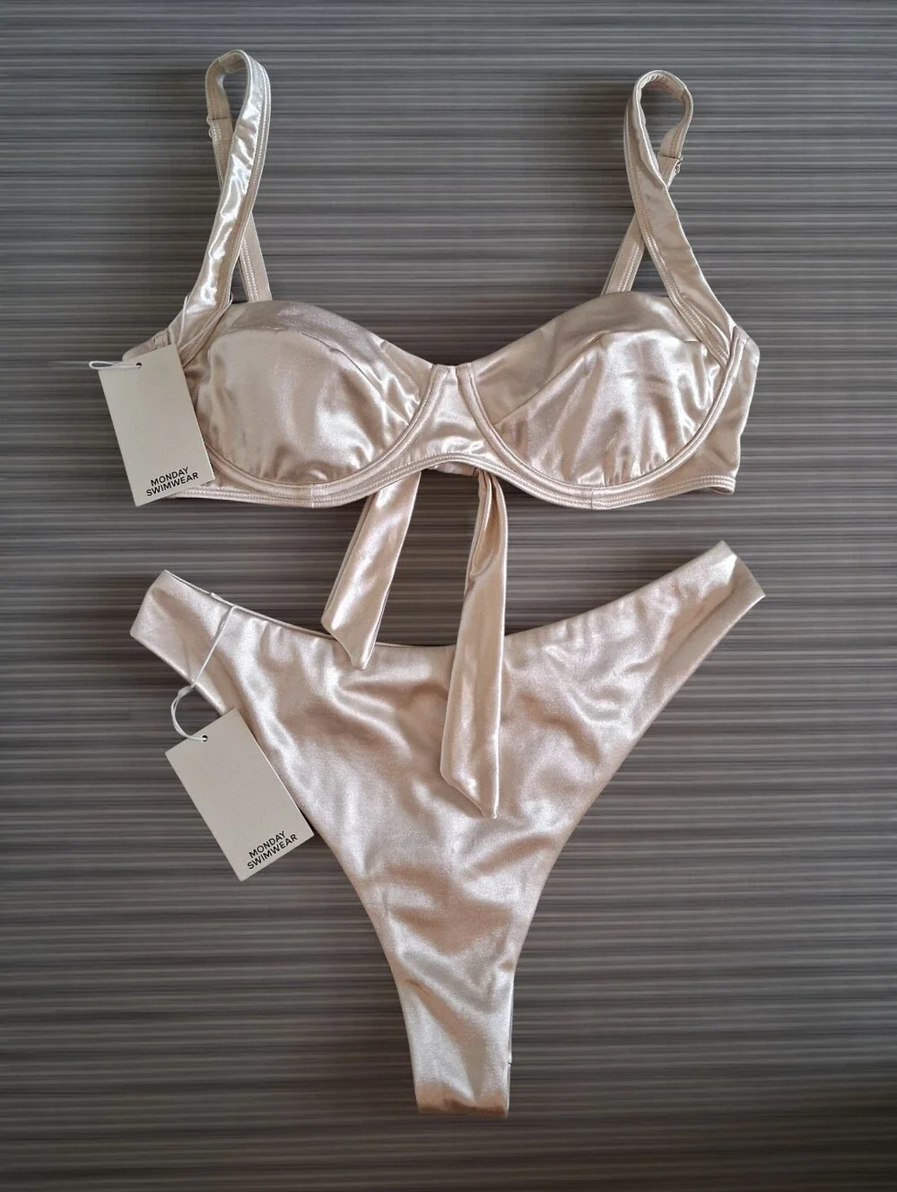 NWT ** Monday Swimwear Champagne Shiny Jersey Bikini ** Size 12-14